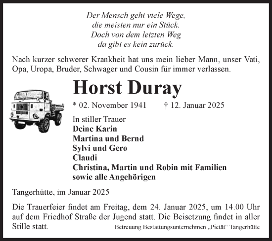 Traueranzeige von Horst Duray von Volksstimme Altmark Ost