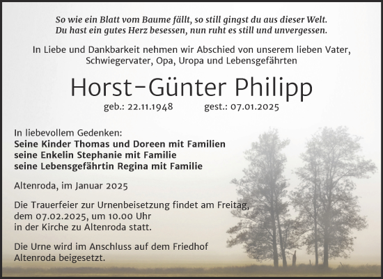 Traueranzeige von Horst-Günter Philipp von Super Sonntag Naumburg/Nebra