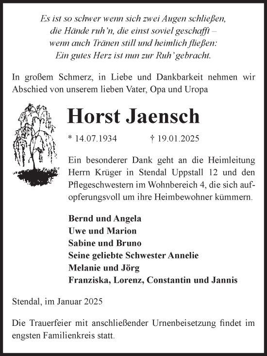 Traueranzeige von Horst Jaensch von Volksstimme Altmark Ost