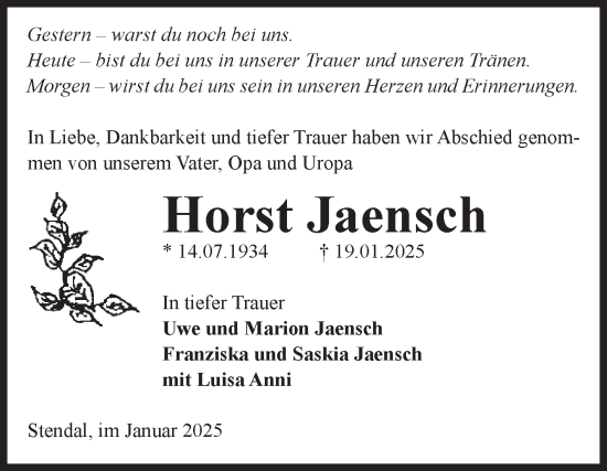 Traueranzeige von Horst Jaensch von Volksstimme Altmark Ost