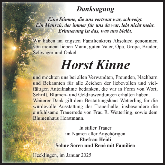 Traueranzeige von Horst Kinne von Volksstimme Staßfurt