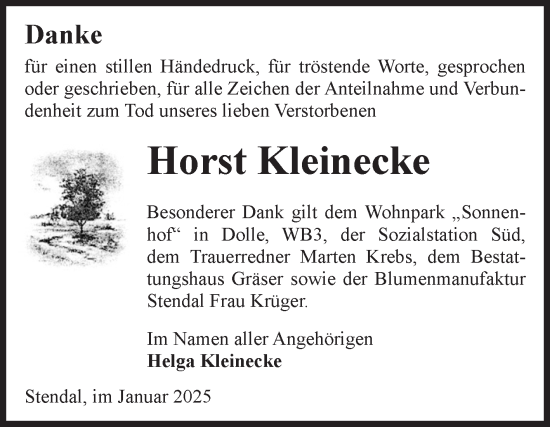 Traueranzeige von Horst Kleinecke von Volksstimme Altmark Ost