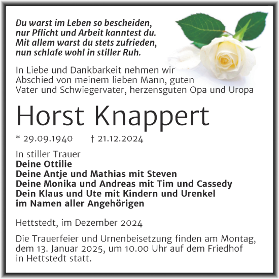 Traueranzeige von Horst Knappert von Trauerkombi Mansfelder Land