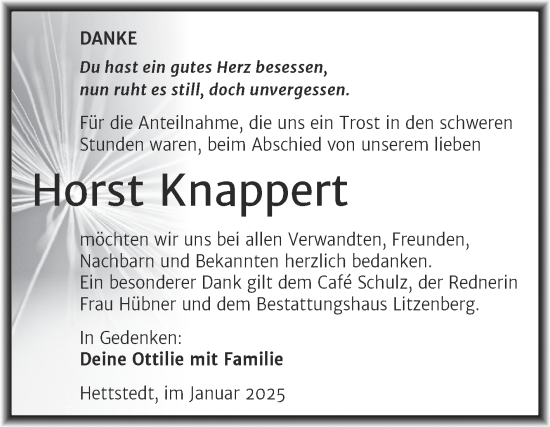 Traueranzeige von Horst Knappert von Trauerkombi Mansfelder Land