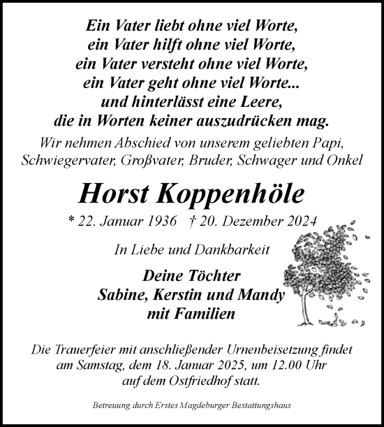 Traueranzeige von Horst Koppenhöle von Volksstimme Magdeburg