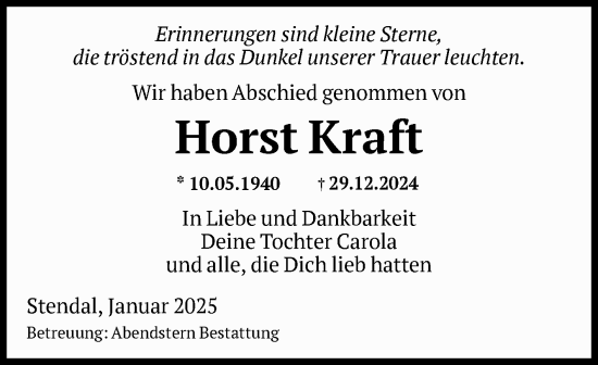 Traueranzeige von Horst Kraft von Volksstimme Altmark Ost