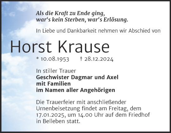 Traueranzeige von Horst Krause von Trauerkombi Bernburg
