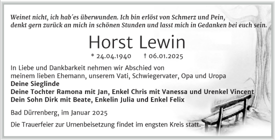 Traueranzeige von Horst Lewin von Trauerkombi Merseburg