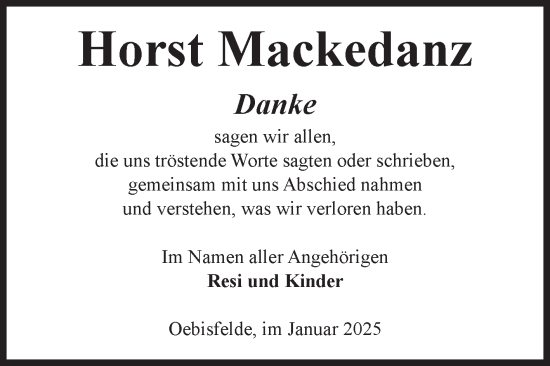 Traueranzeige von Horst Mackedanz von Volksstimme Altmark West
