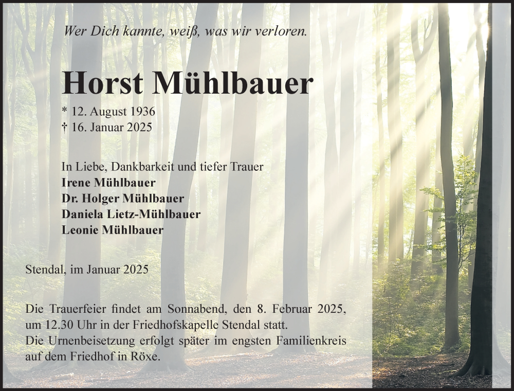  Traueranzeige für Horst Mühlbauer vom 25.01.2025 aus Volksstimme Altmark Ost