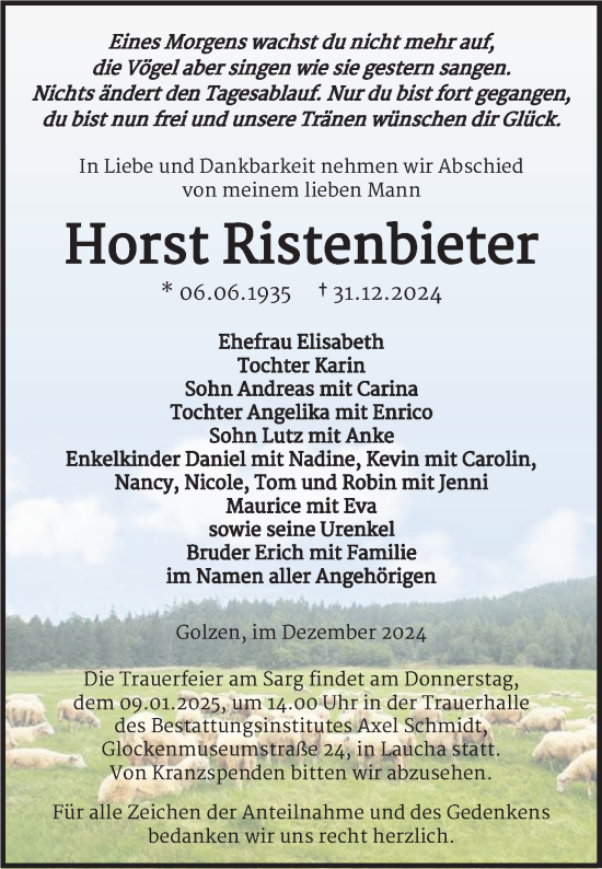 Traueranzeige von Horst Ristenbieter von Naumburger Tageblatt