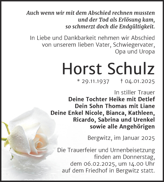 Traueranzeige von Horst Schulz von Trauerkombi Wittenberg