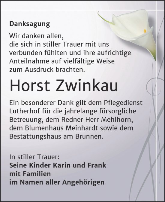 Traueranzeige von Horst Zwinkau von Trauerkombi Mansfelder Land