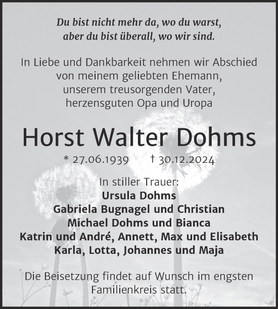 Traueranzeige von Horst Walter Dohms von Trauerkombi Dessau