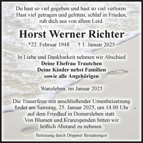 Traueranzeige von Horst Werner Richter von Volksstimme Oschersleben/Wanzleben