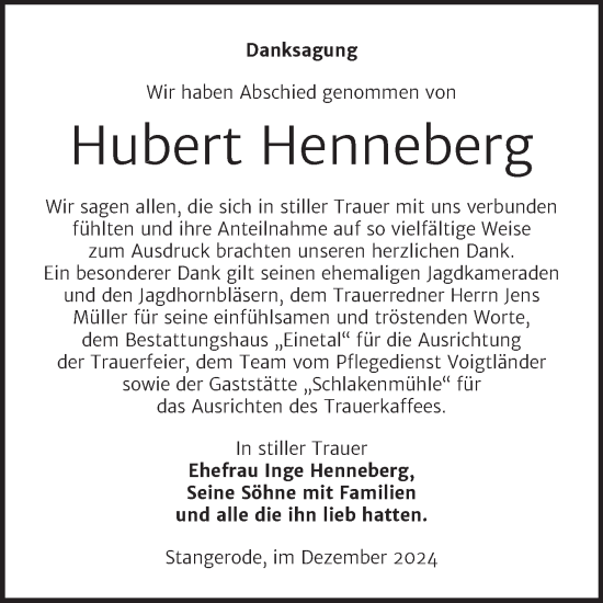 Traueranzeige von Hubert Henneberg von Super Sonntag Mansfelder Land