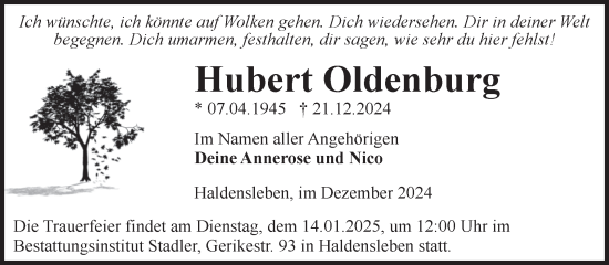 Traueranzeige von Hubert Oldenburg von Volksstimme Haldensleben/Wolmirstedt