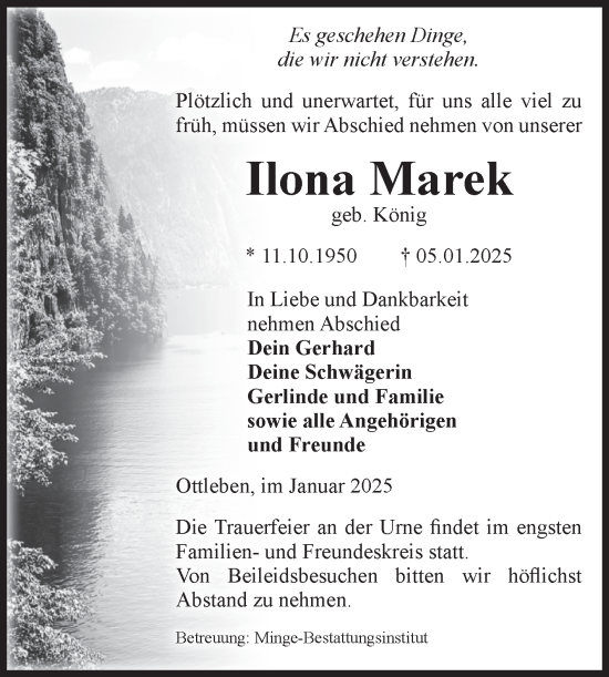 Traueranzeige von Ilona Marek von Volksstimme Oschersleben/Wanzleben