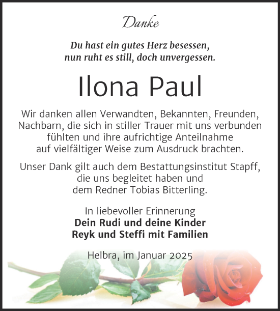 Traueranzeige von Ilona Paul von Trauerkombi Mansfelder Land