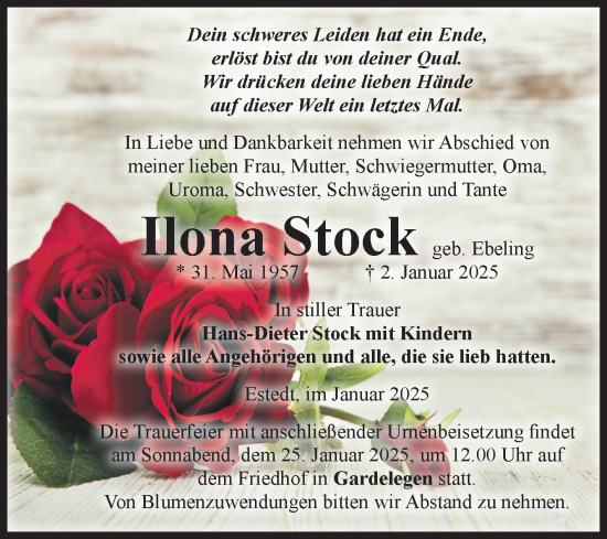 Traueranzeige von Ilona Stock von Volksstimme Altmark West