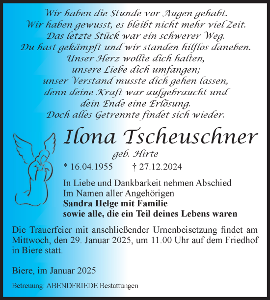 Traueranzeige von Ilona Tscheuschner von Volksstimme Schönebeck