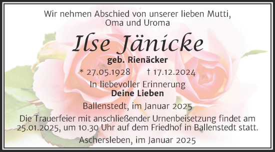 Traueranzeige von Ilse Jänicke von Trauerkombi Aschersleben