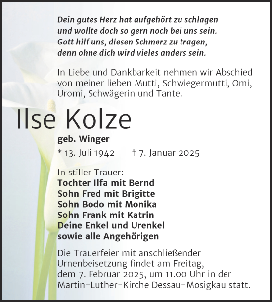 Traueranzeige von Ilse Kolze von Trauerkombi Dessau