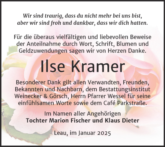 Traueranzeige von Ilse Kramer von Trauerkombi Bernburg