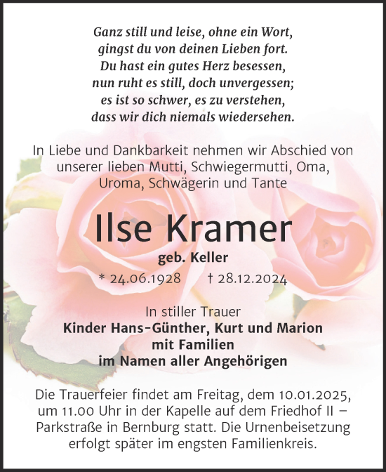 Traueranzeige von Ilse Kramer von Trauerkombi Bernburg