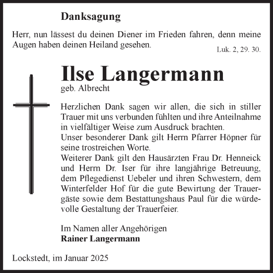 Traueranzeige von Ilse Langermann von Volksstimme Altmark West