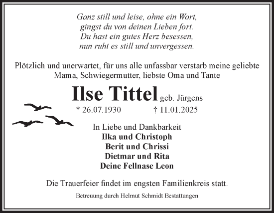 Traueranzeige von Ilse Tittel von Volksstimme Magdeburg