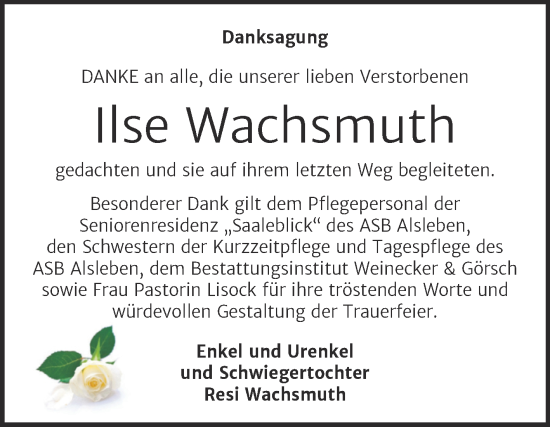 Traueranzeige von Ilse Wachsmuth von Trauerkombi Bernburg