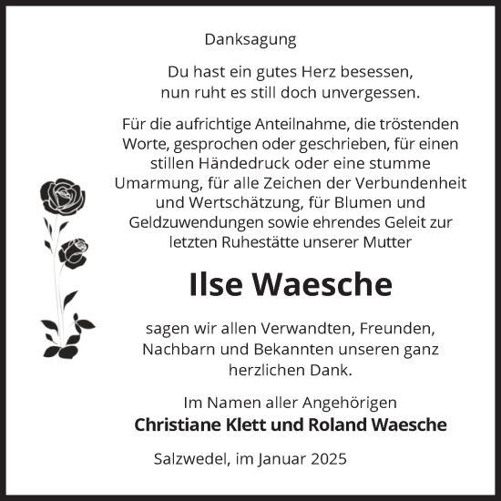 Traueranzeige von Ilse Waesche von Volksstimme Altmark West