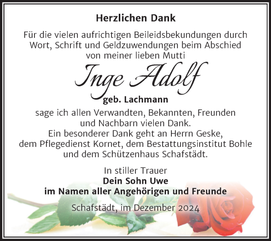 Traueranzeige von Inge Adolf von Trauerkombi Merseburg