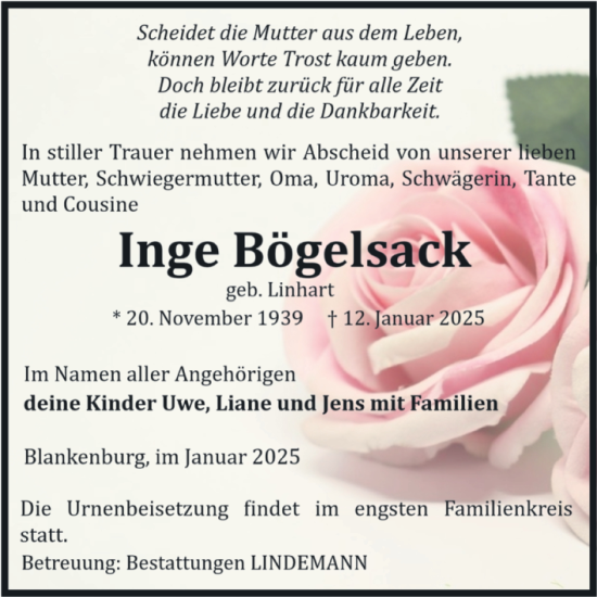 Traueranzeige von Inge Bögelsack von Volksstimme Wernigerode