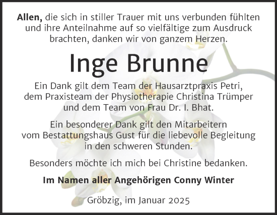 Traueranzeige von Inge Brunne von Trauerkombi Köthen