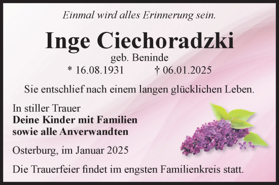 Traueranzeige von Inge Ciechoradzki von Volksstimme Altmark Ost