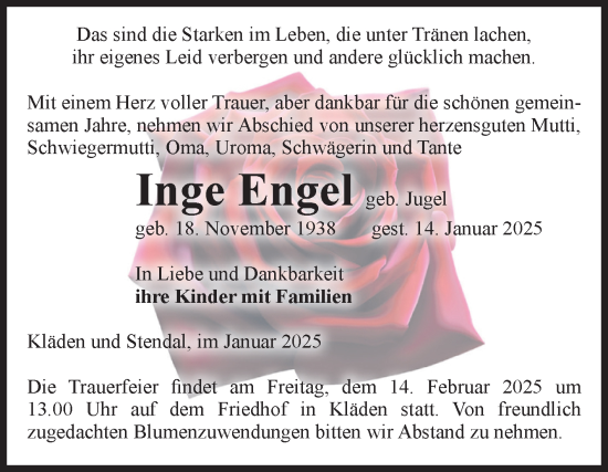 Traueranzeige von Inge Engel von Volksstimme Altmark Ost