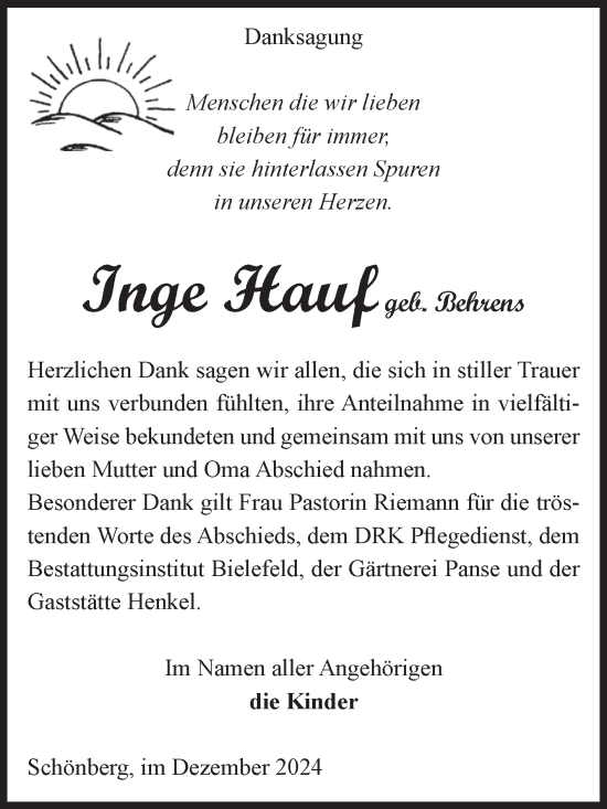 Traueranzeige von Inge Hauf von Volksstimme Altmark Ost
