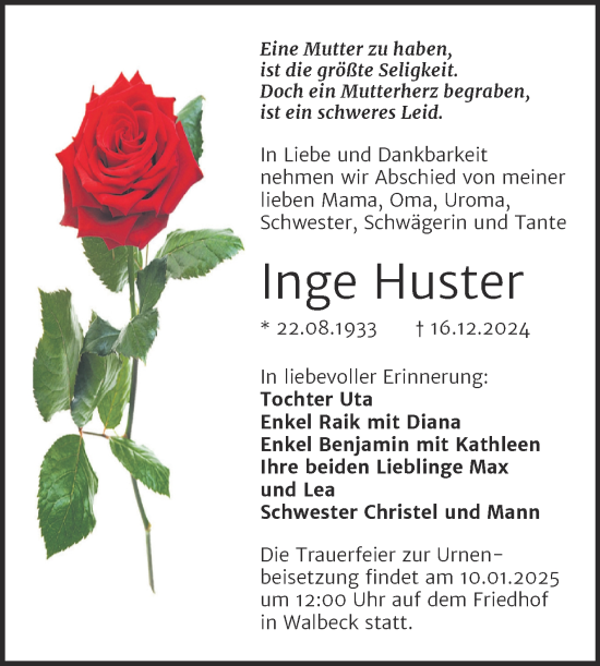 Traueranzeige von Inge Huster von Trauerkombi Mansfelder Land