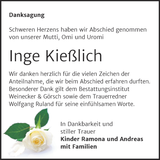 Traueranzeige von Inge Kießlich von Trauerkombi Bernburg