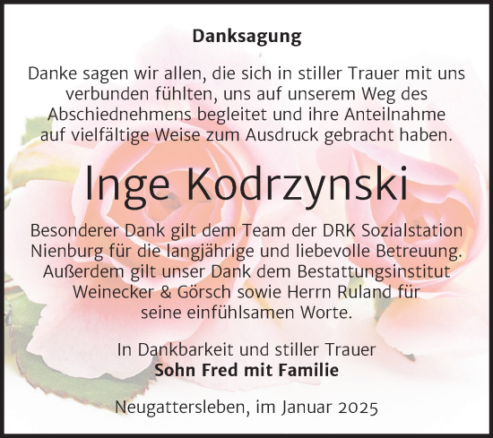 Traueranzeige von Inge Kodrzynski von Trauerkombi Bernburg