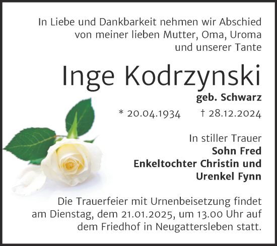 Traueranzeige von Inge Kodrzynski von Trauerkombi Bernburg