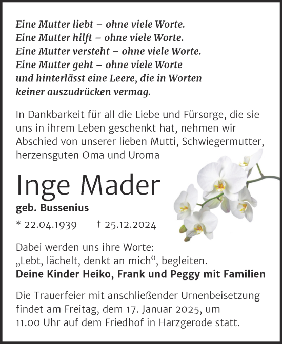 Traueranzeige von Inge Mader von Trauerkombi Quedlinburg