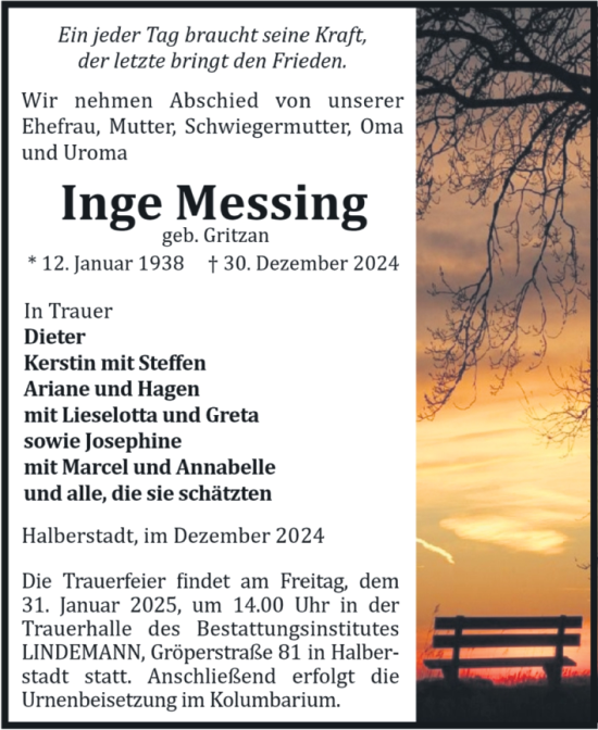 Traueranzeige von Inge Messing von Volksstimme Halberstadt