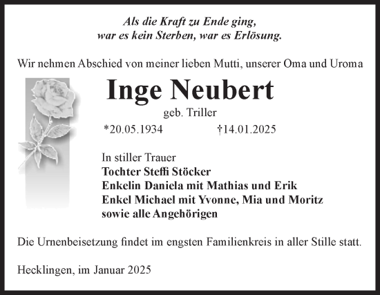 Traueranzeige von Inge Neubert von Volksstimme Staßfurt