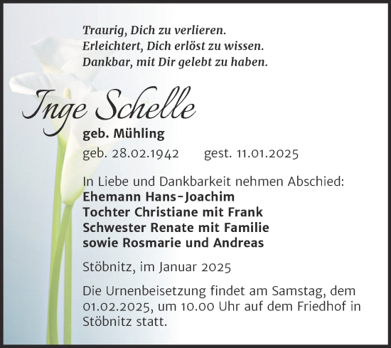 Traueranzeige von Inge Schelle von Trauerkombi Merseburg