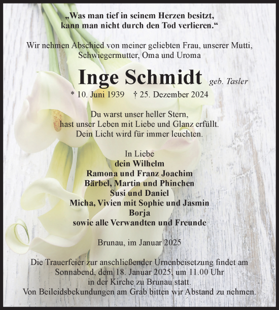 Traueranzeige von Inge Schmidt von Volksstimme Altmark West