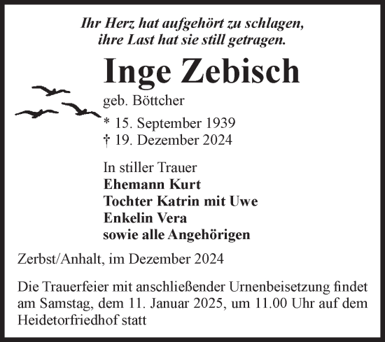 Traueranzeige von Inge Zebisch von Volksstimme Zerbst