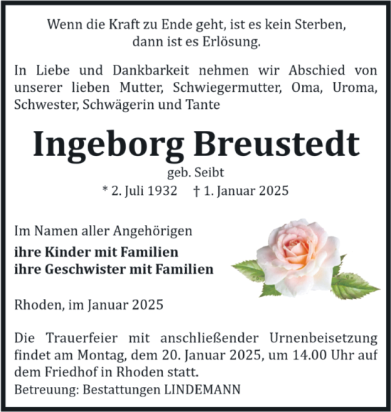 Traueranzeige von Ingeborg Breustedt von Volksstimme Halberstadt
